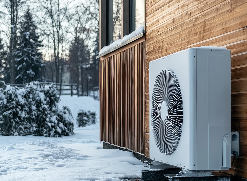 Foto eines Hausauschnittes, mit einer Wärmepumpe im Winter